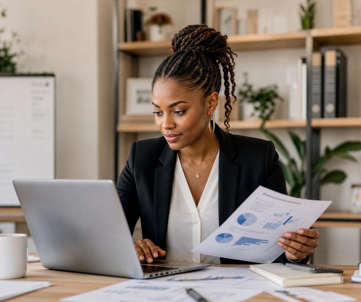 Small business owner reviewing organized financial reports